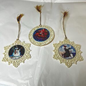 Lenox Ornaments SET of 3 Porcelain Vintage Inter Art Designs 3.5 inch Pierced